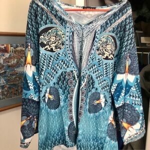 Sheilay blue peacock design women’s blouse size XL